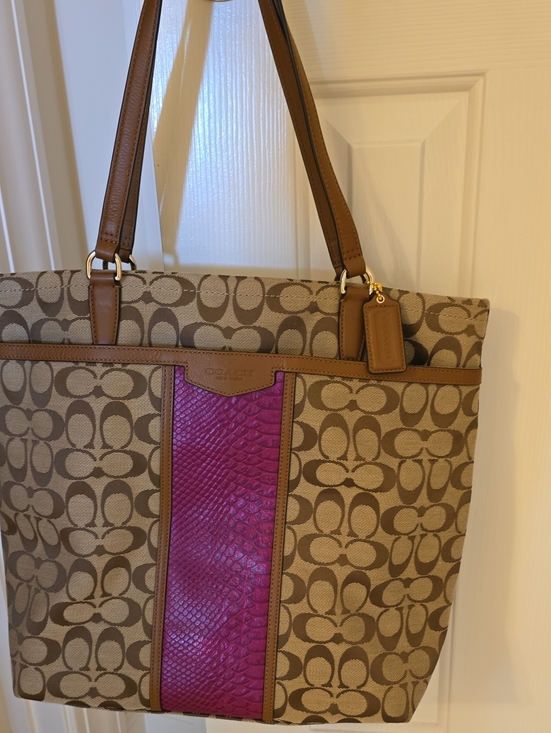Coach Handbags - Coach Tan Signature Canvas Tote with Pink Center Panel